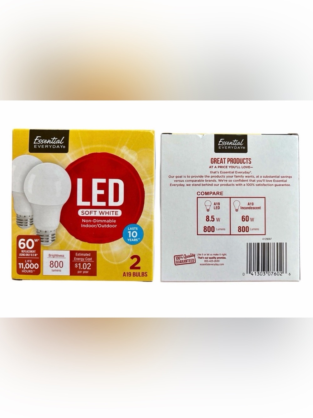 LED 60W  (PACK OF 3) LED SOFT WHITE 2 A19 BULBS ESSENTIAL EVERYDAY. 6 bulbs.